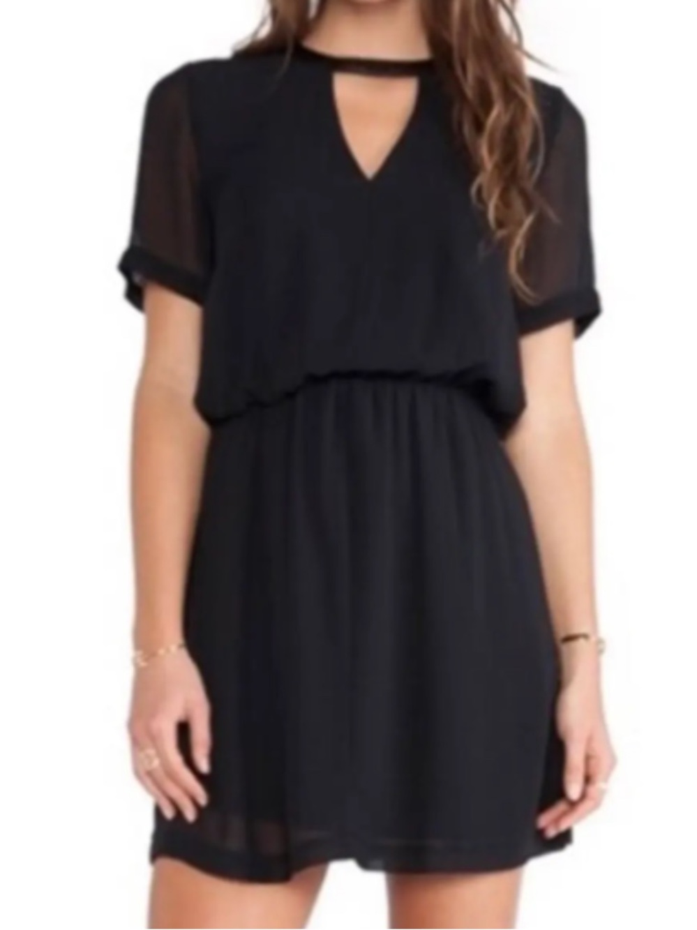 BCBG Keyhole Dress with Sheer Back and Faux Leather Trim